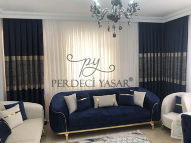 Salon Perdesi Lacivert Beyaz Geçişli Desenli Modern Perde